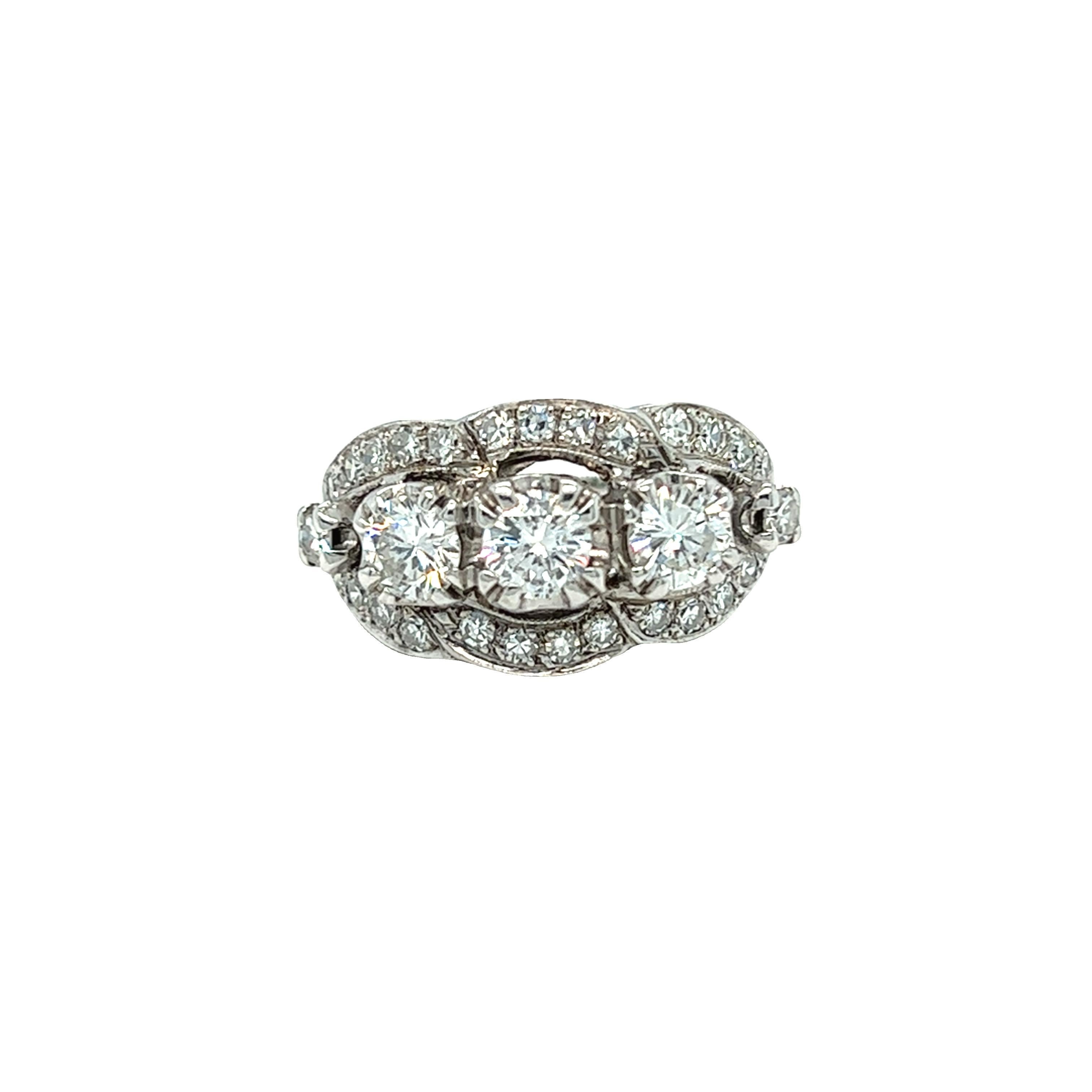 1.78 Cttw Vintage Three Stone Diamond Ring in 14K White Gold For Sale 2