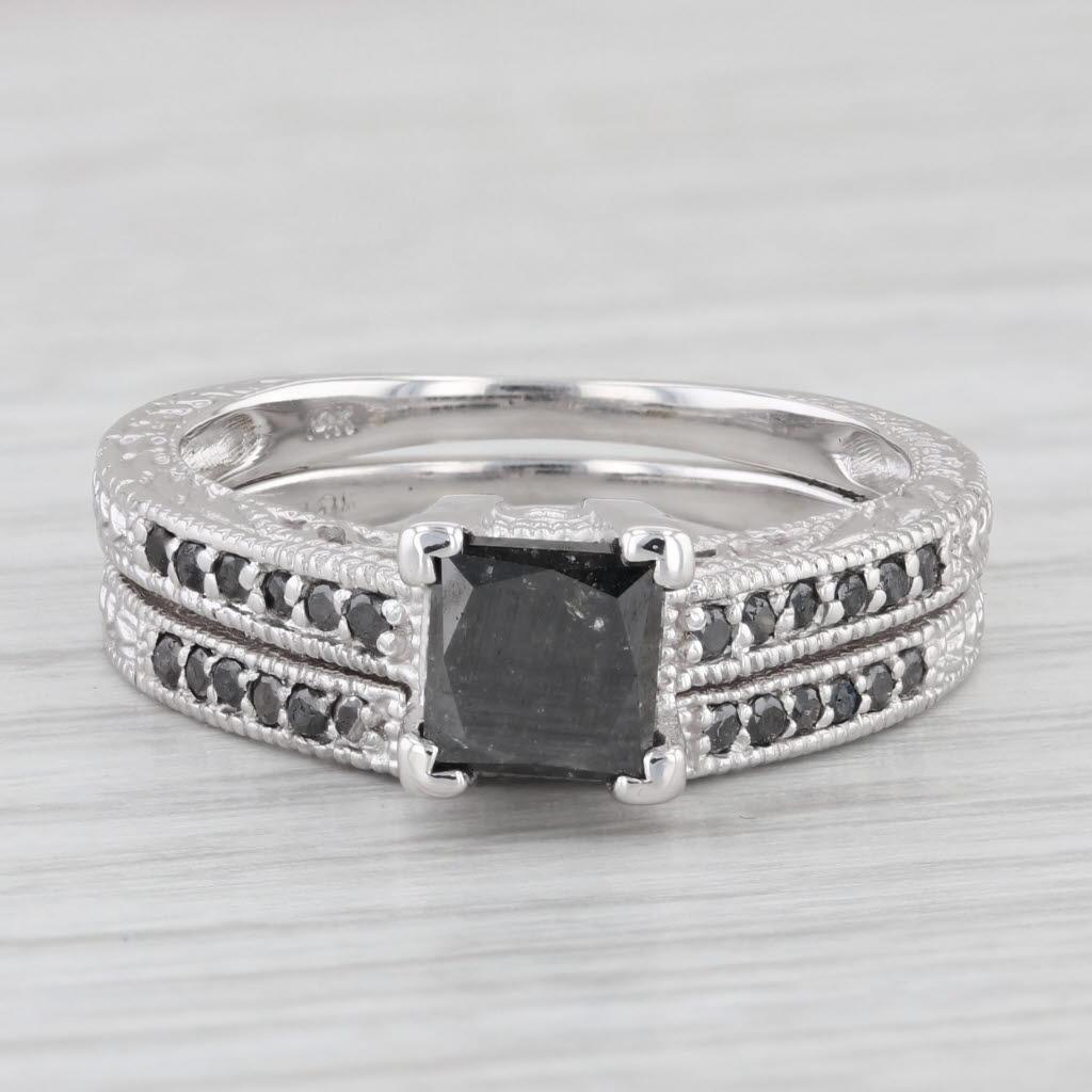 Princess Cut 1.60 ctw Black Diamond Engagement Ring Wedding Band Set 14K White Gold Size 9.25