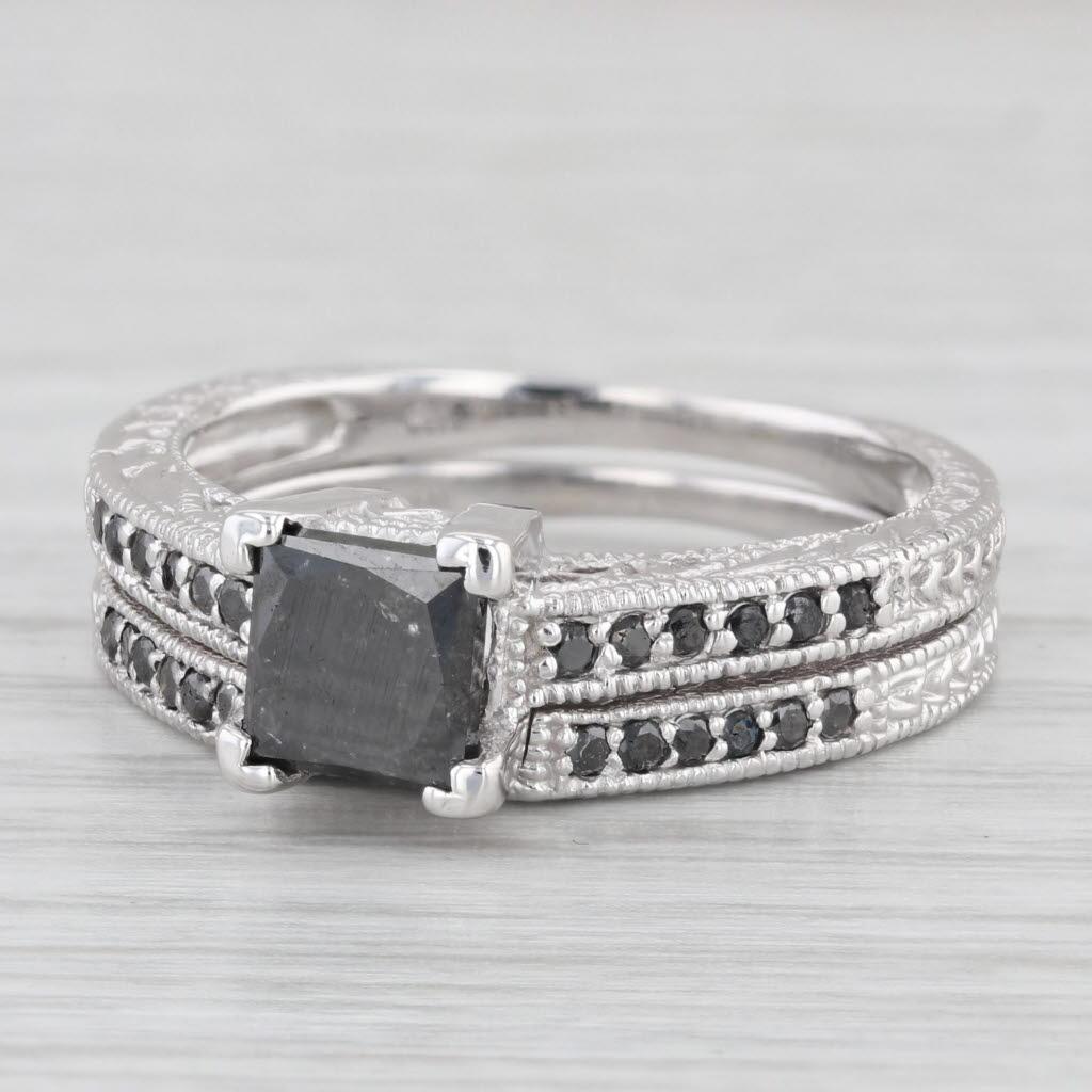 1.60 ctw Black Diamond Engagement Ring Wedding Band Set 14K White Gold Size 9.25 In Good Condition In McLeansville, NC