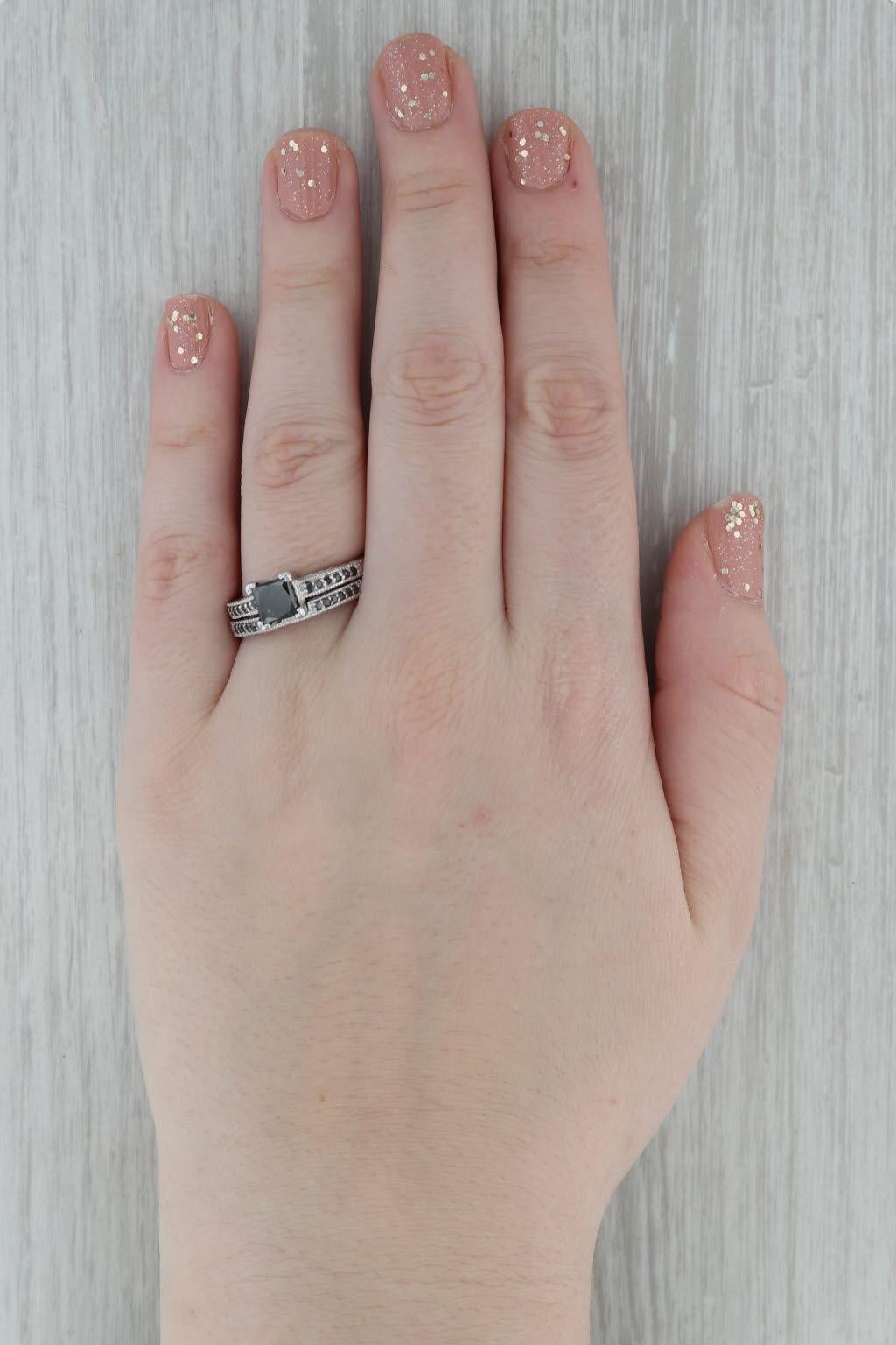 1.60 ctw Black Diamond Engagement Ring Wedding Band Set 14K White Gold Size 9.25 1