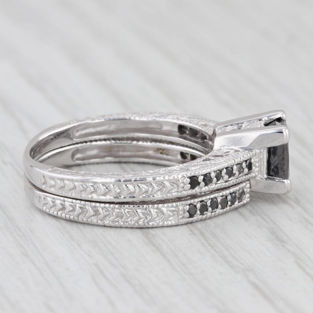 1.60 ctw Black Diamond Engagement Ring Wedding Band Set 14K White Gold Size 9.25 3