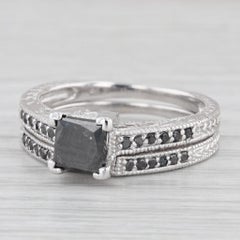 1.60 ctw Black Diamond Engagement Ring Wedding Band Set 14K White Gold Size 9.25