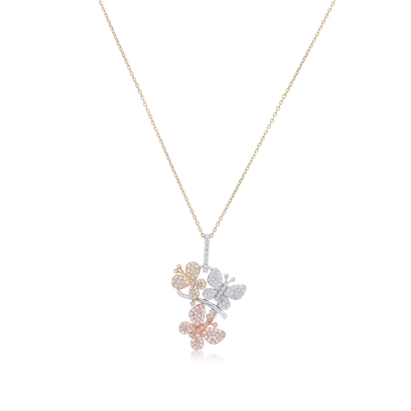 Collier papillon en or tricolore 14 carats et diamant blanc 1,60 CTW Neuf - En vente à GREAT NECK, NY