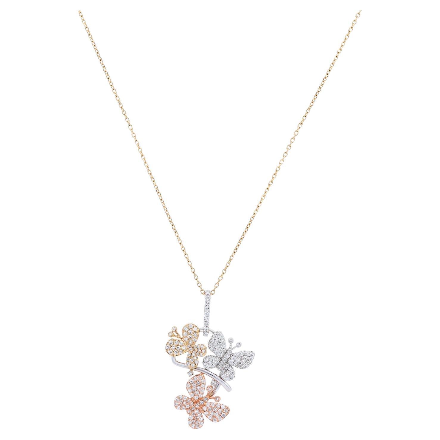 Collier papillon en or tricolore 14 carats et diamant blanc 1,60 CTW en vente
