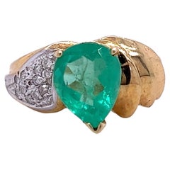 1.60 Pear Shape Colombian Emerald and Diamond Ring in 14k Yellow Gold