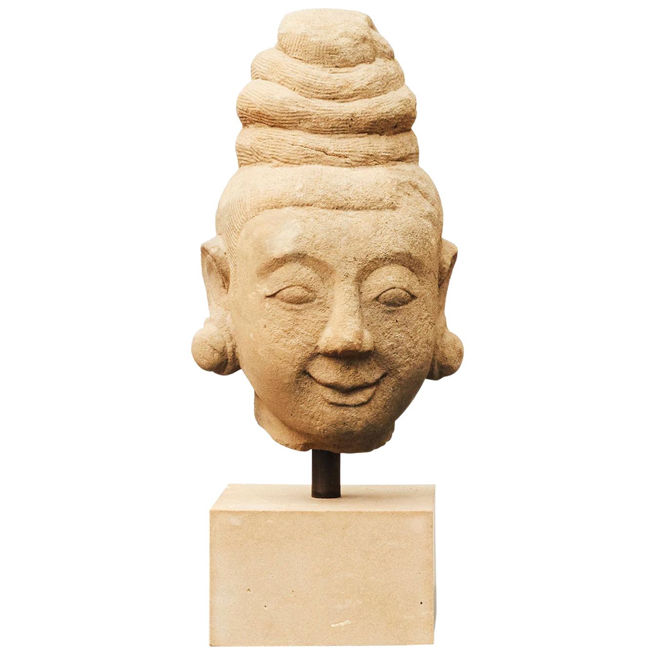 1600-1700th Century Burmese Sculpture of Female Head Carved in Sandstone