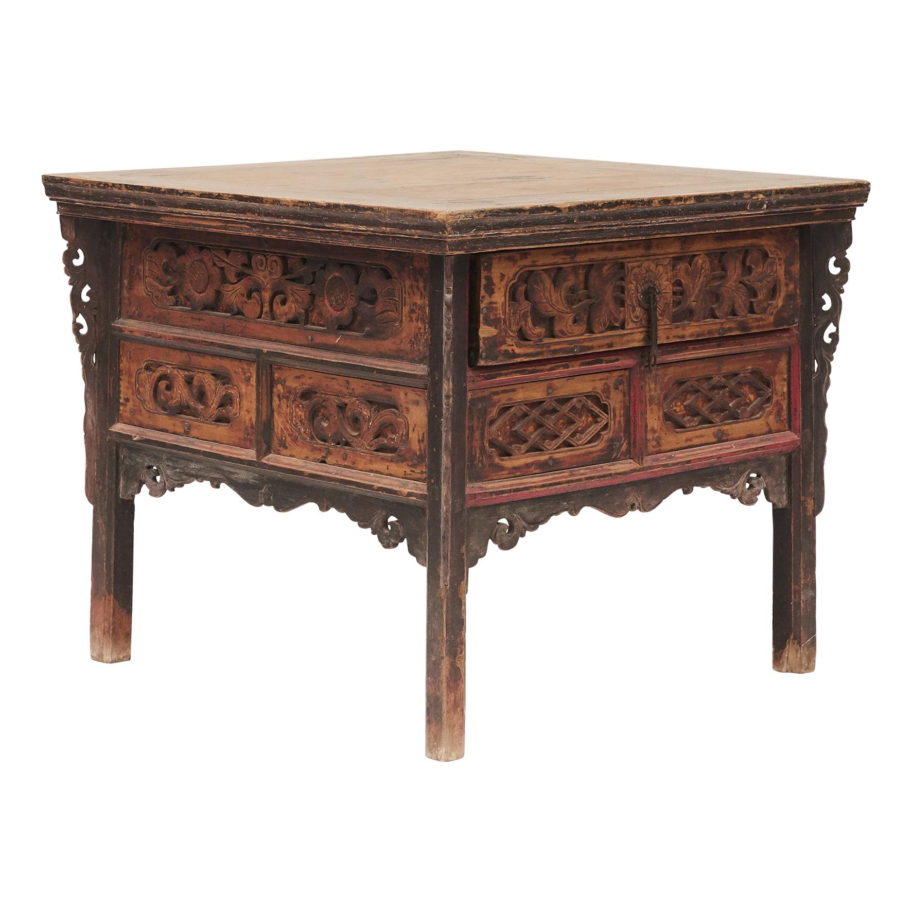 16th-17th Century Chinese Pine Center Table with Carvings and Decorations For Sale