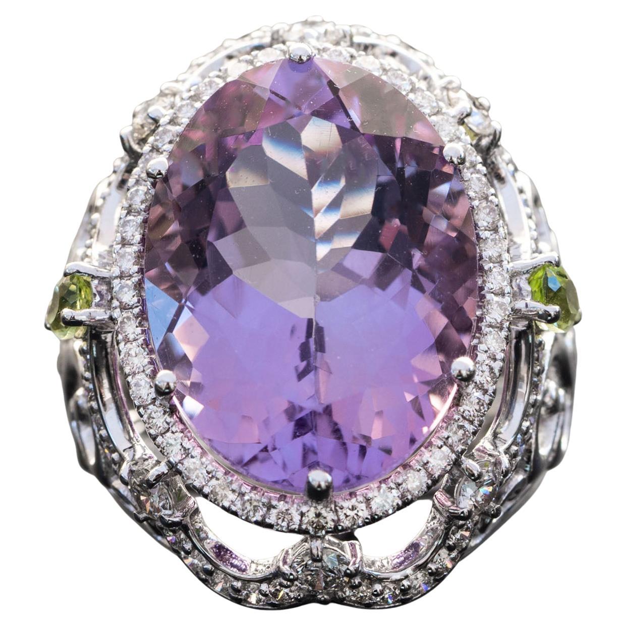 16.00 Carat Amethyst Statement Ring, 1.51 Carat Natural Diamonds, Cocktail Ring For Sale