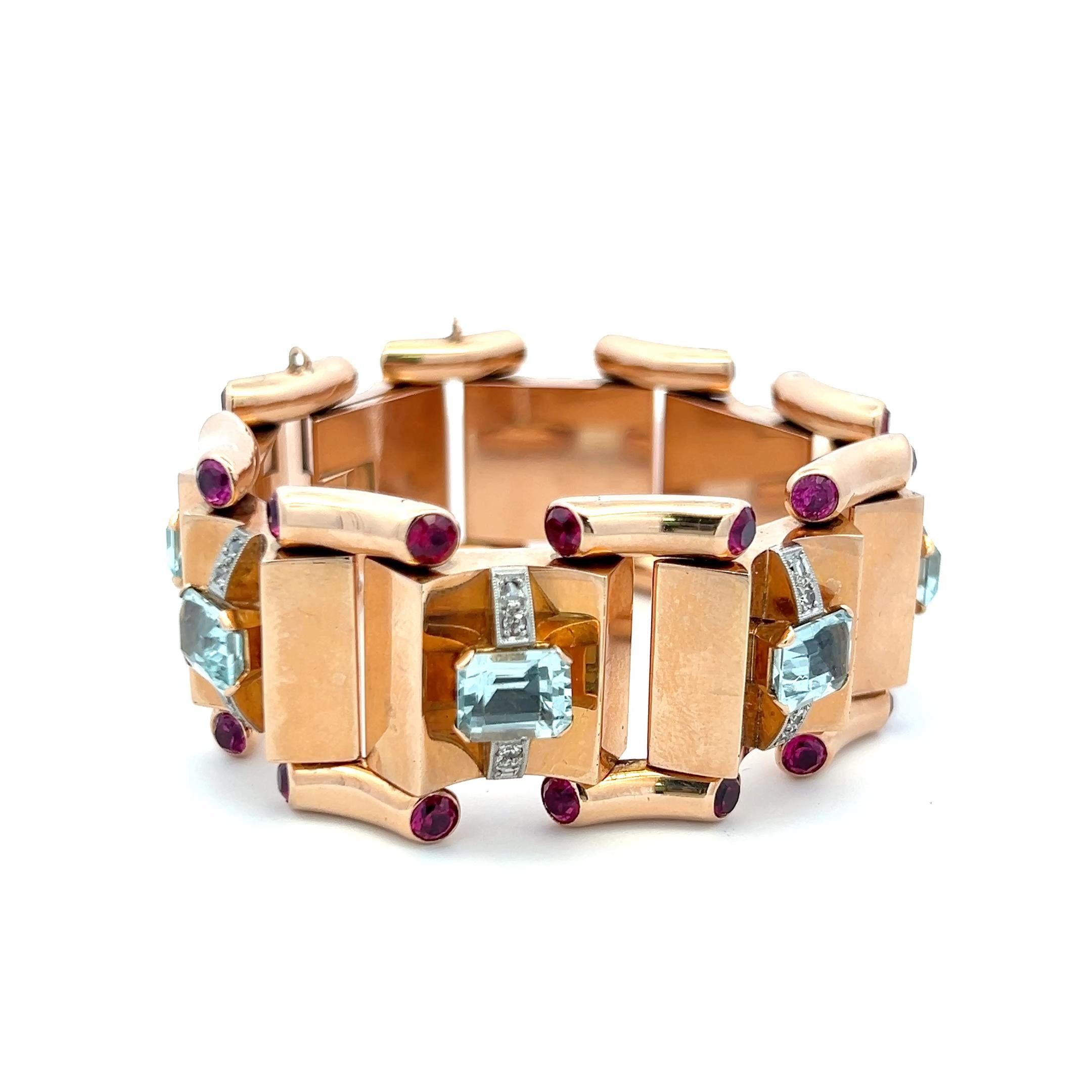 18 Karat Roségold Gliederarmband mit 16.00 Karat Aqua 5,00 Karat Rubin 0,28 Karat Diamant Damen im Angebot