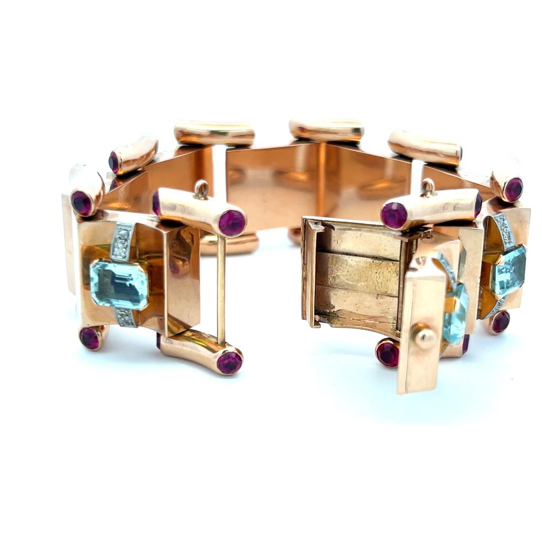 18 Karat Roségold Gliederarmband mit 16.00 Karat Aqua 5,00 Karat Rubin 0,28 Karat Diamant im Angebot 2
