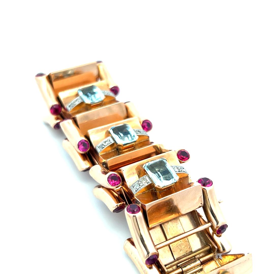 18 Karat Roségold Gliederarmband mit 16.00 Karat Aqua 5,00 Karat Rubin 0,28 Karat Diamant im Angebot 3
