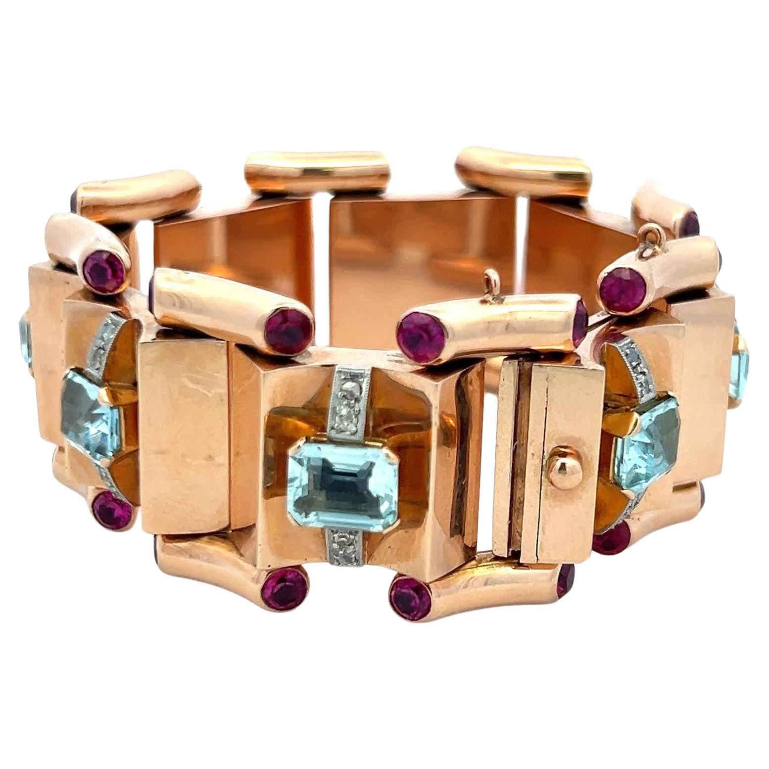 18 Karat Roségold Gliederarmband mit 16.00 Karat Aqua 5,00 Karat Rubin 0,28 Karat Diamant im Angebot