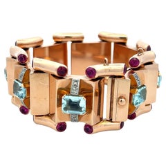 Aqua de 16,00 quilates Rubí de 5,00 quilates Diamante de 0,28 quilates Pulsera de eslabones de oro rosa de 18 quilates