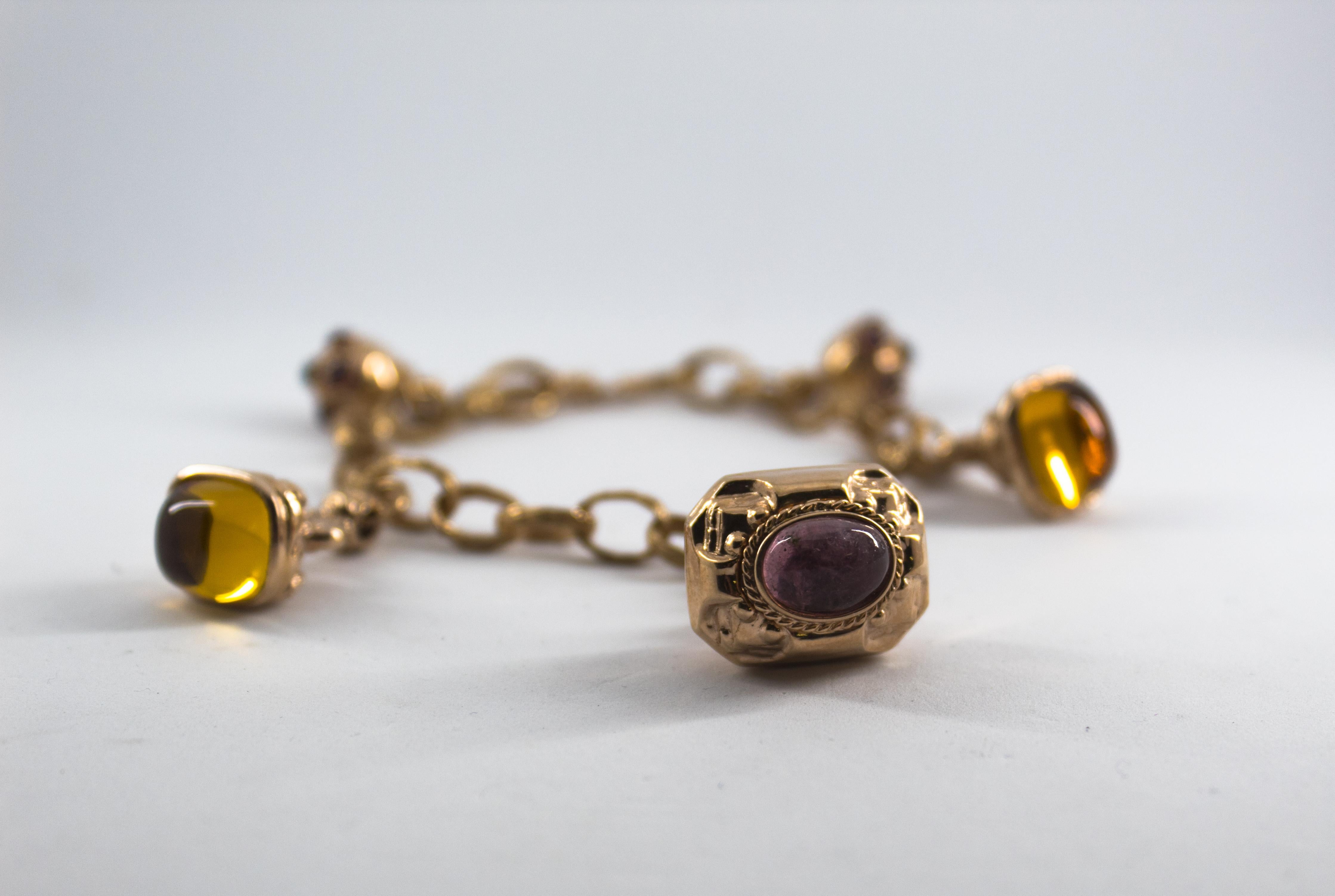 This Bracelet is made of 14K Yellow Gold.
This Bracelet has 0.35 Carats of Rubies.
This Bracelet has 16.00 Carats of Citrine.
This Bracelet has 8.00 Carat of Tourmaline.
We're a workshop so every piece is handmade, customizable and resizable.