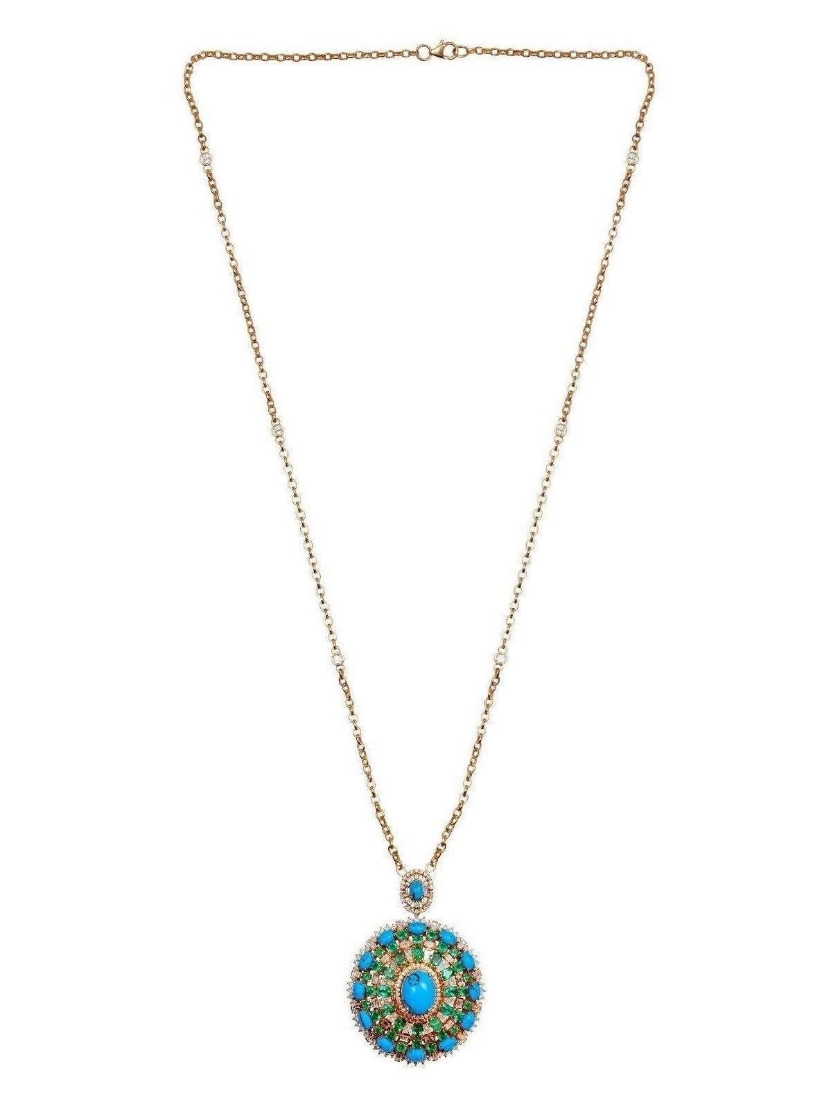 Modern 16.00 Carat Emerald Turquoise Diamond 14 Karat Gold Pendant Necklace For Sale