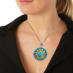 16.00 Carat Emerald Turquoise Diamond 14 Karat Gold Pendant Necklace