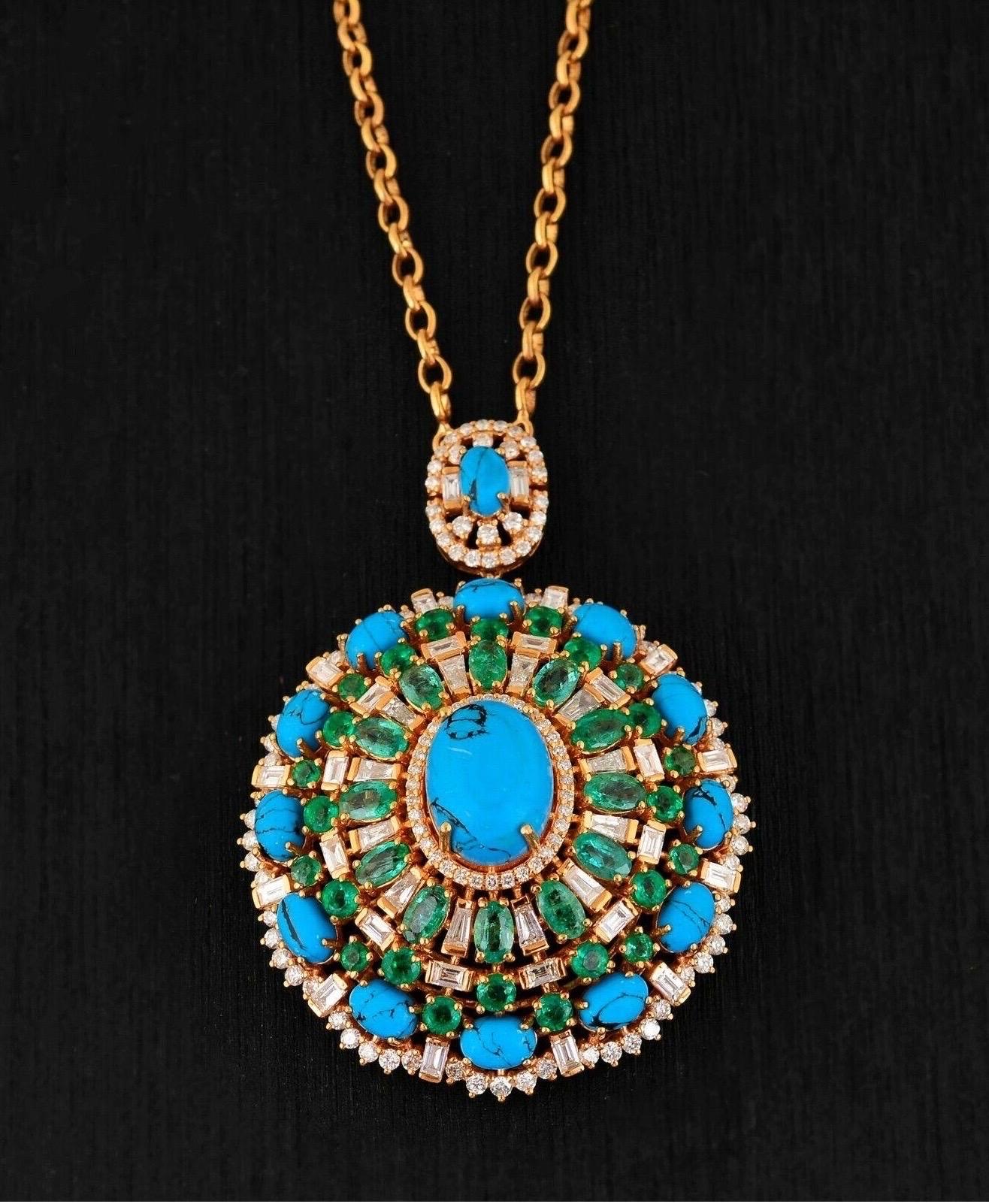Mixed Cut 16.00 Carat Emerald Turquoise Diamond 14 Karat Gold Pendant Necklace For Sale