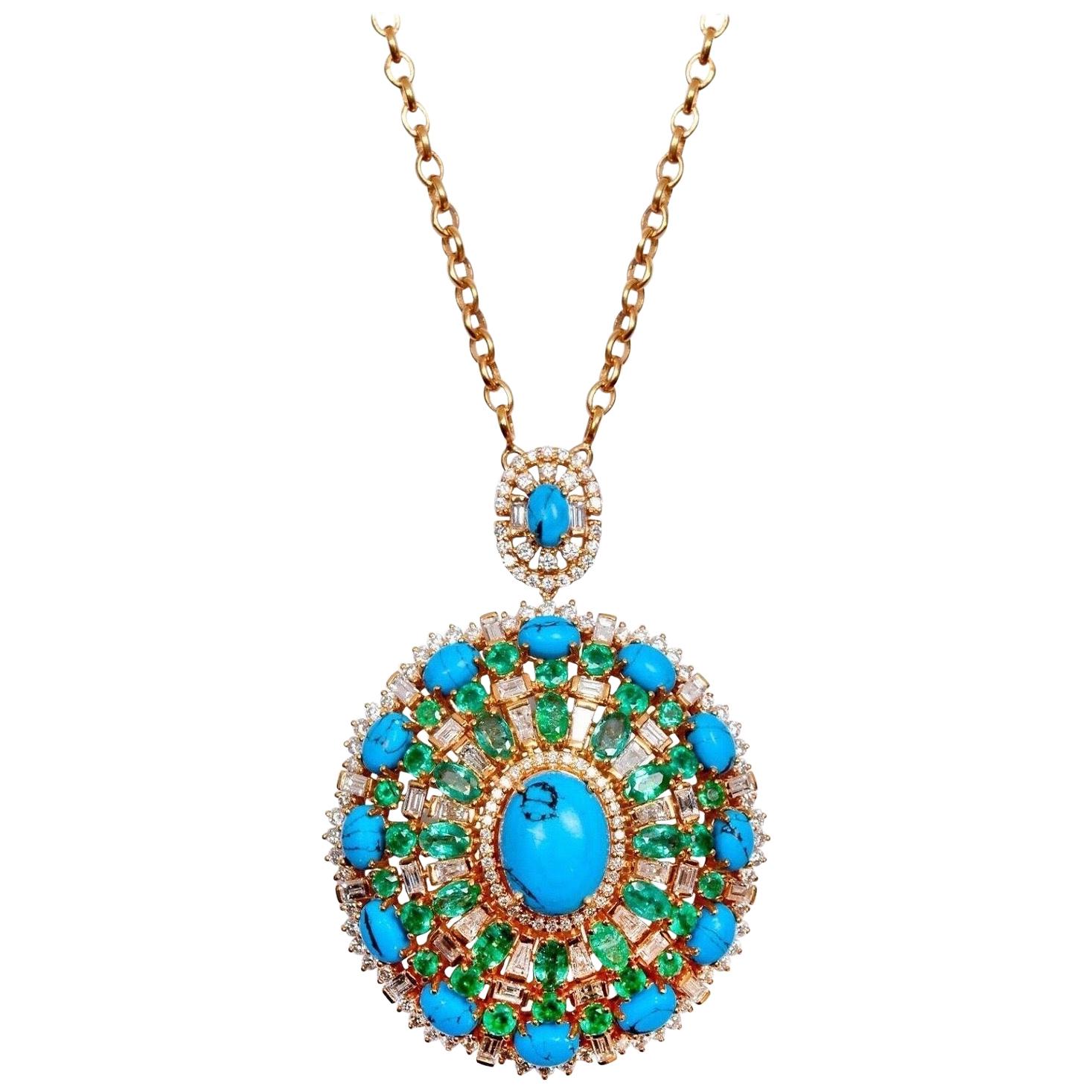 Collier pendentif en or 14 carats avec émeraudes, turquoises et diamants de 16,30 carats
