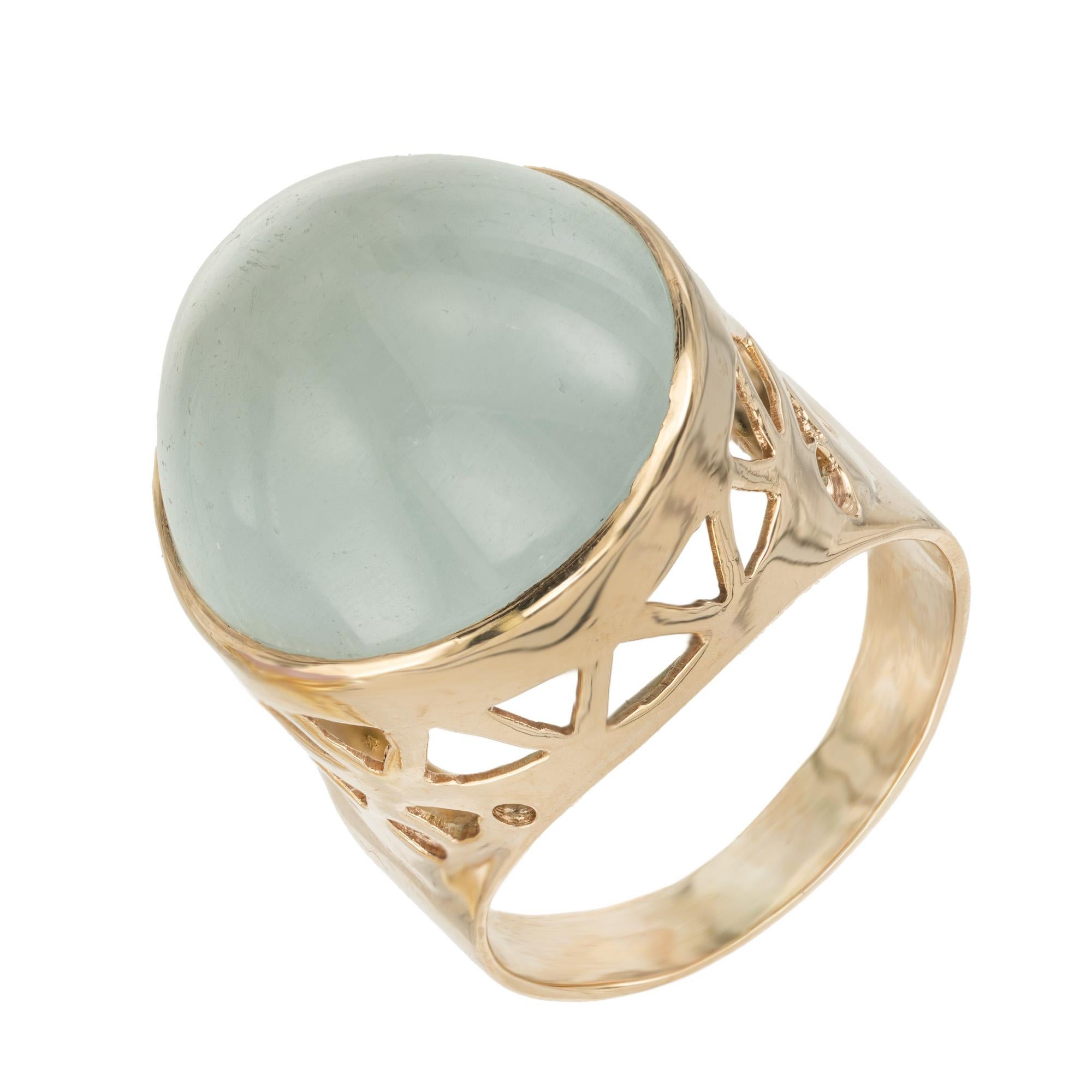 Round Cut 16.00 Carat Round Cabochon Aquamarine Yellow Gold Ring For Sale