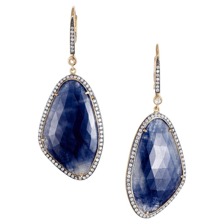16.00 Carat Sapphire Diamond Halo Gold Dangle Earrings For Sale