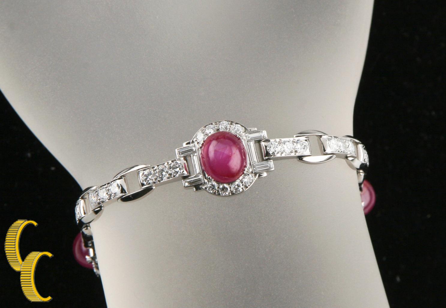 Gorgeous 18k White Gold Link Bracelet
Features Diamond Station Links w/ three Links Featuring Large Star Rubies
Each Diamond Station Link has Three Pave-Set Round Brilliant Diamonds
Each Ruby Station Has One Large Cabochon Star Ruby and Six Pave-Set