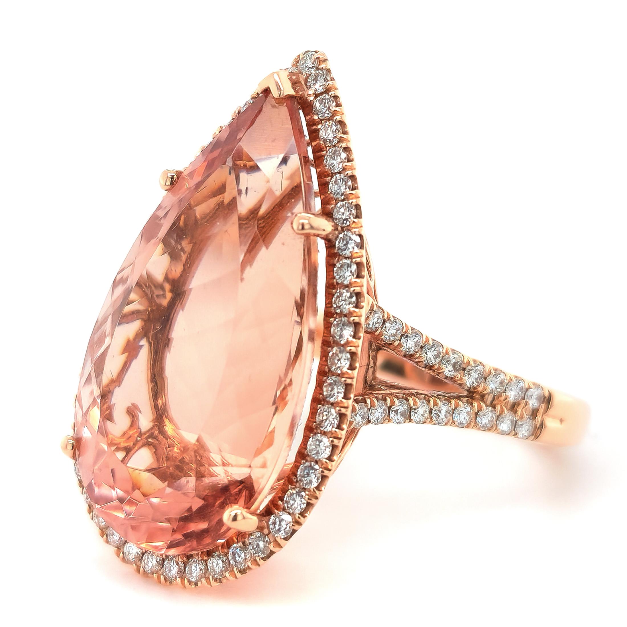 Lovely gemstones set in rose gold, this 16.00 carat mystical Morganite adds a touch of fresh sexiness to this ring. Set in 14K gold, there will be no denying the durability of this ring paired with the everlasting salmon colored beryl. Although