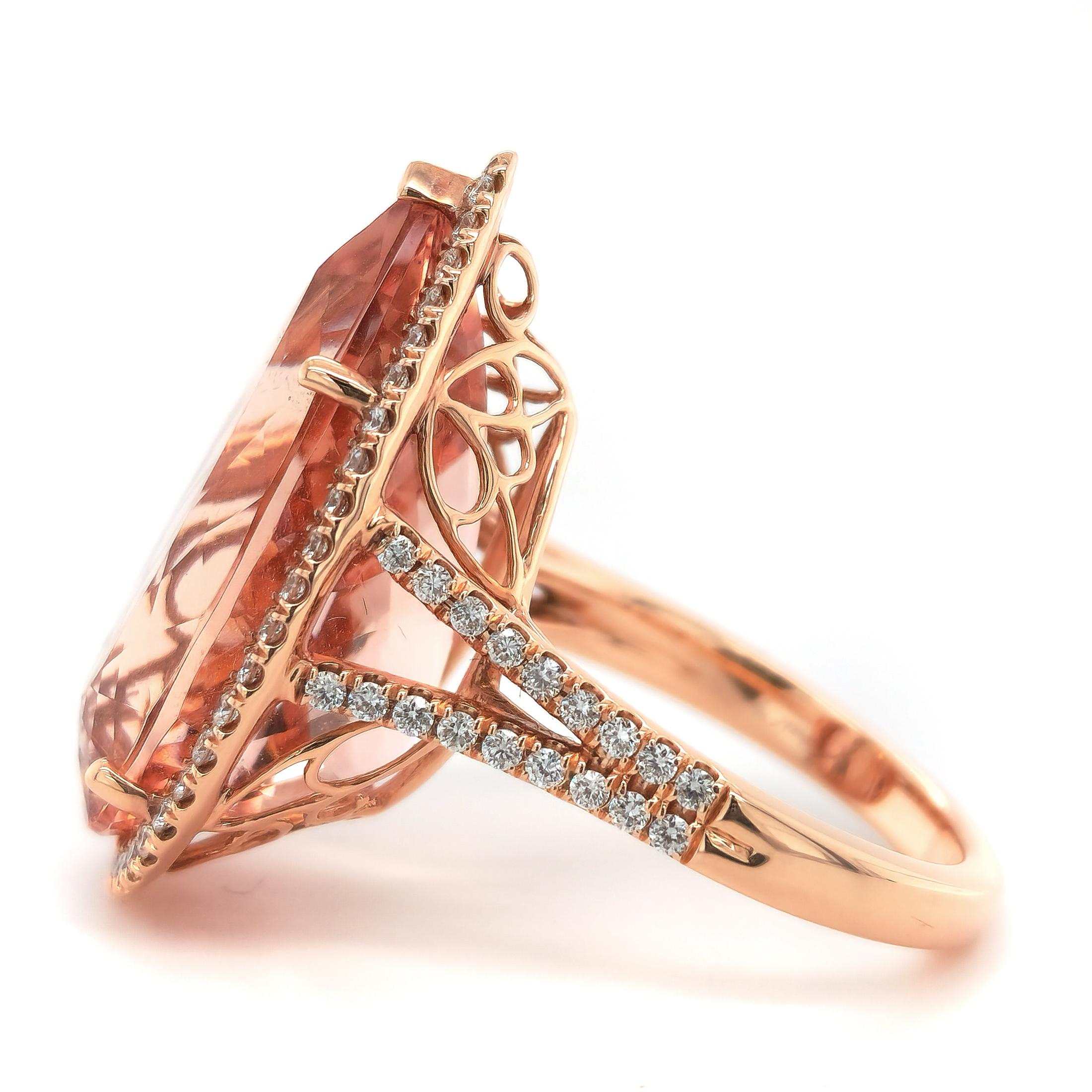 Mixed Cut Natural Orange Morganite Gemstone 16.00 cts in 14K Rose Gold Ring with Diamonds For Sale