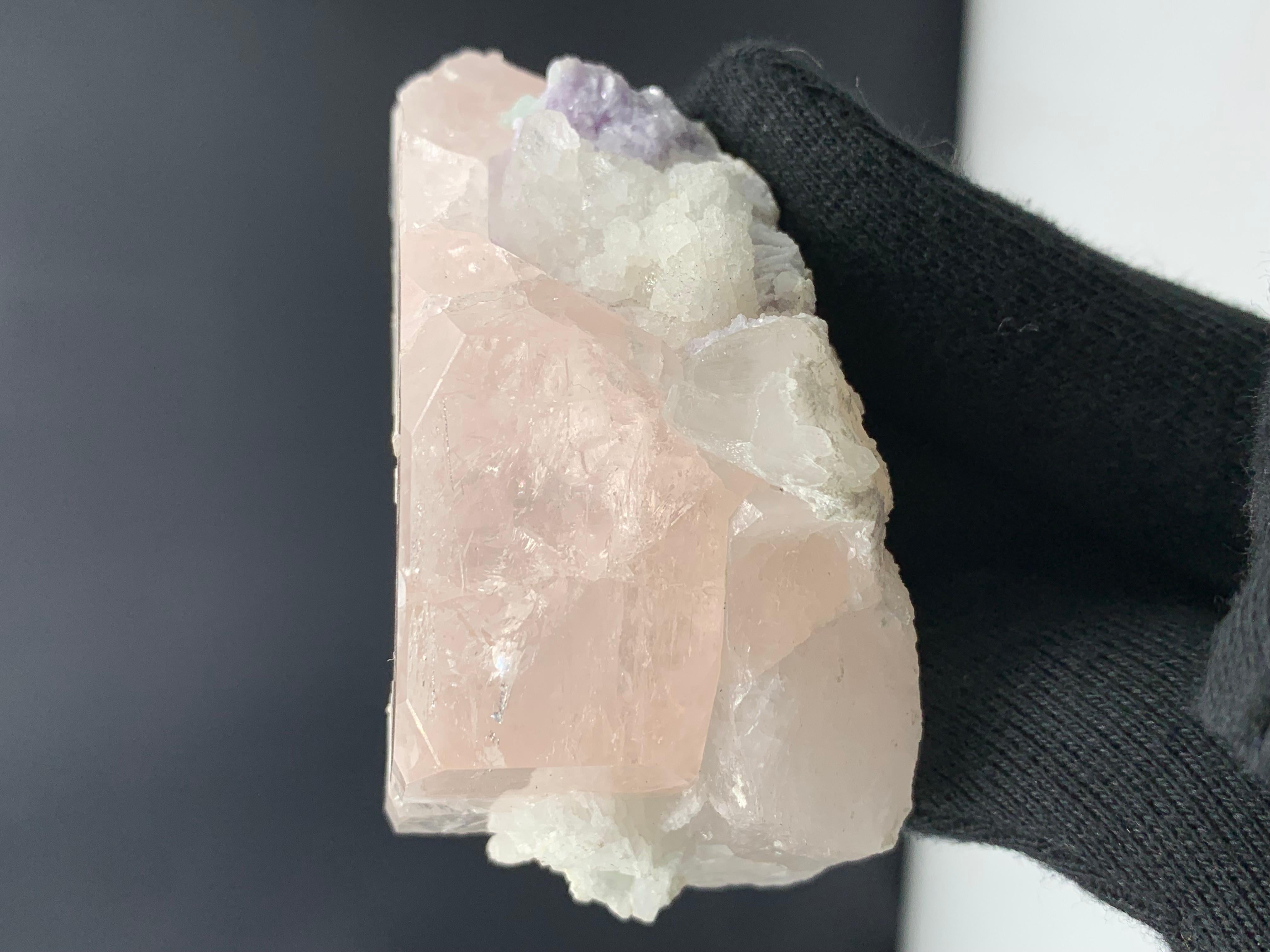 Adam Style 160.04 Gram Gorgeous Morganite Specimen Attached With Albite And Fluorite  For Sale