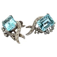 16.00ct Aigue-marine 
0.64ct Diamant Boucles d
oreilles clips en or blanc 18K taille émeraude