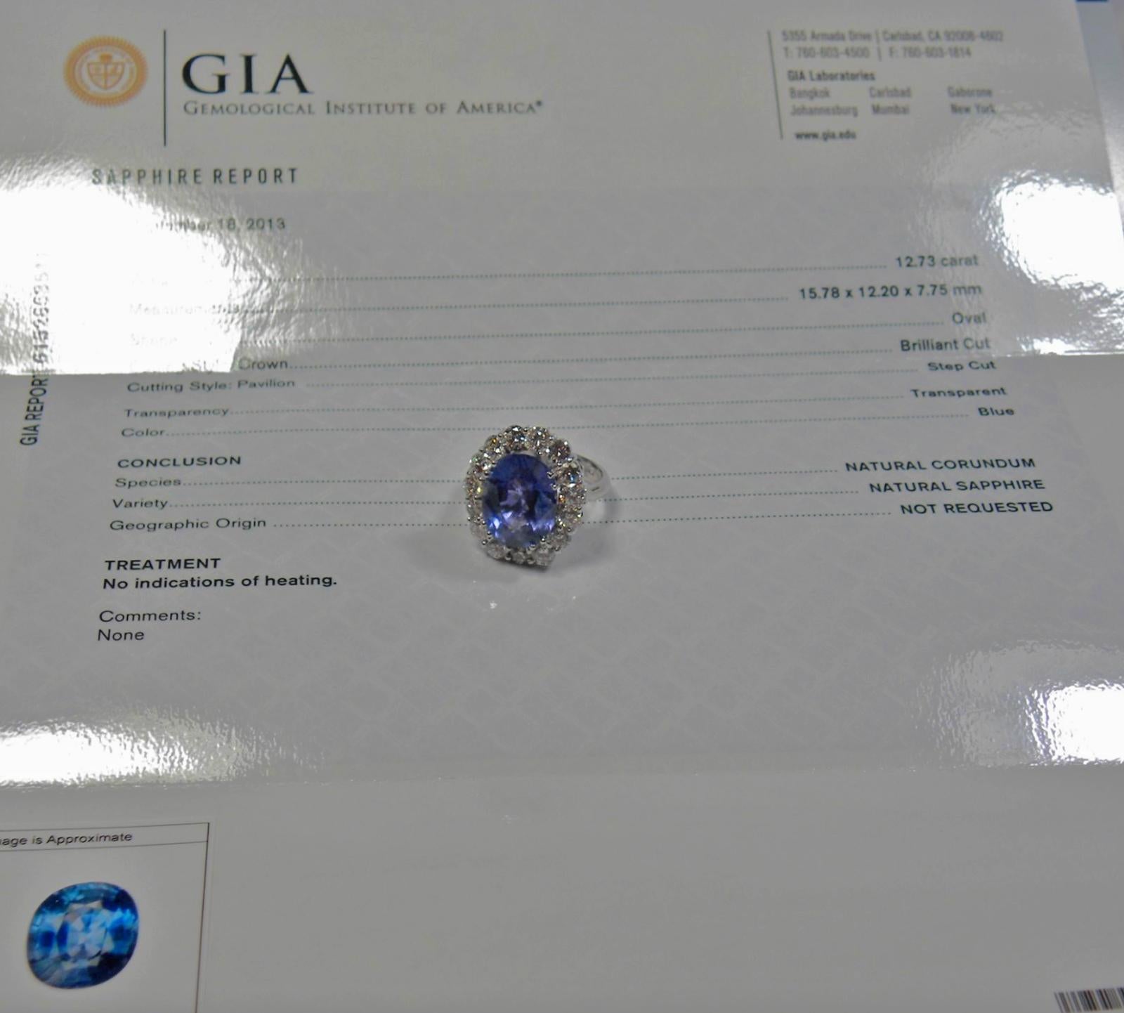 GIA 16.00 Carat Certified Natural Unheated Sapphire and Diamond White Gold Ring 6