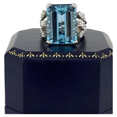 16.00ct Natural Aquamarine & 1.20ct Diamond Retro Cocktail Ring, 18K White Gold