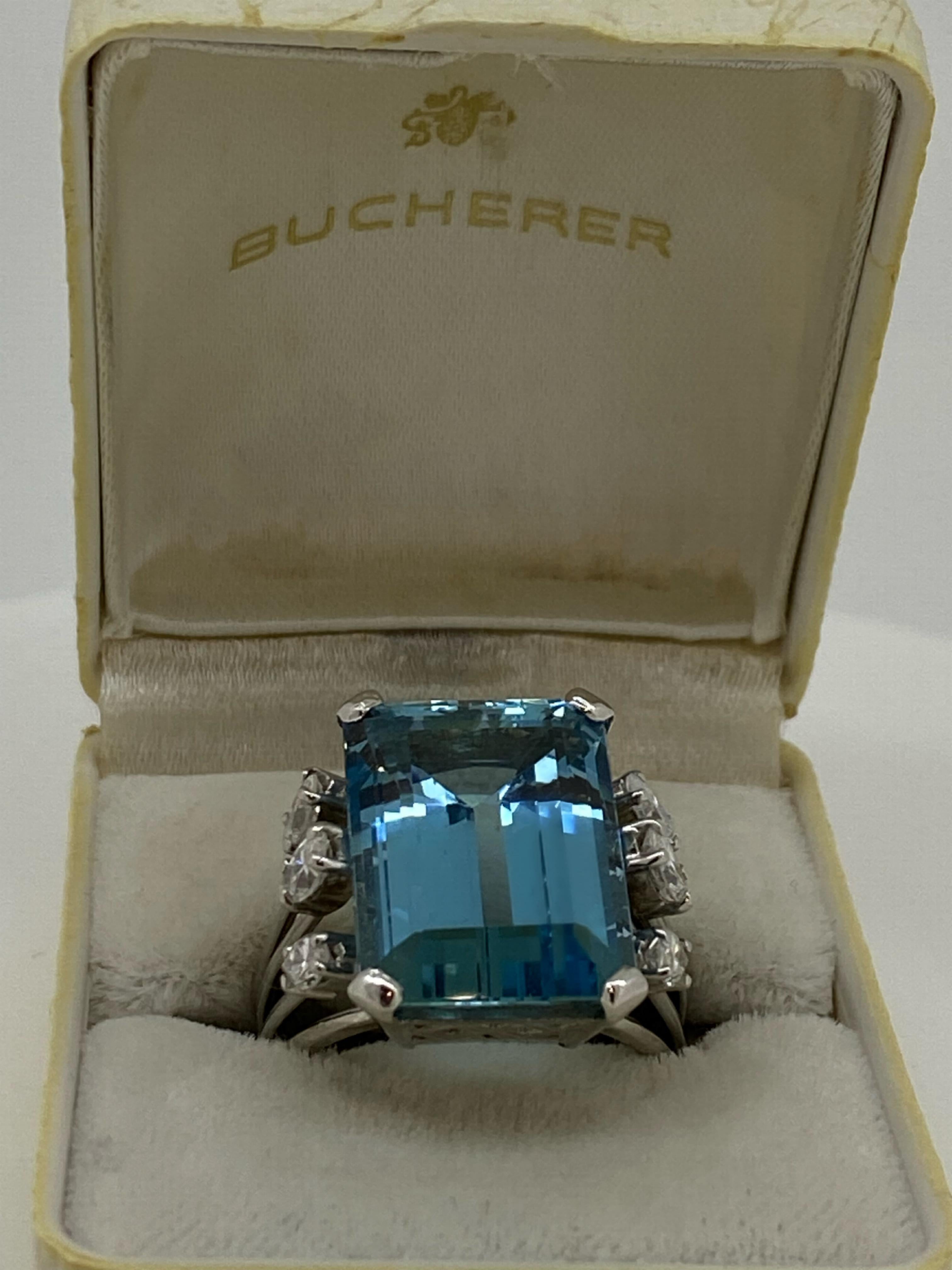 Emerald Cut 16.00ct Natural Aquamarine & 1.20ct Diamond Retro Cocktail Ring, 18K White Gold  For Sale