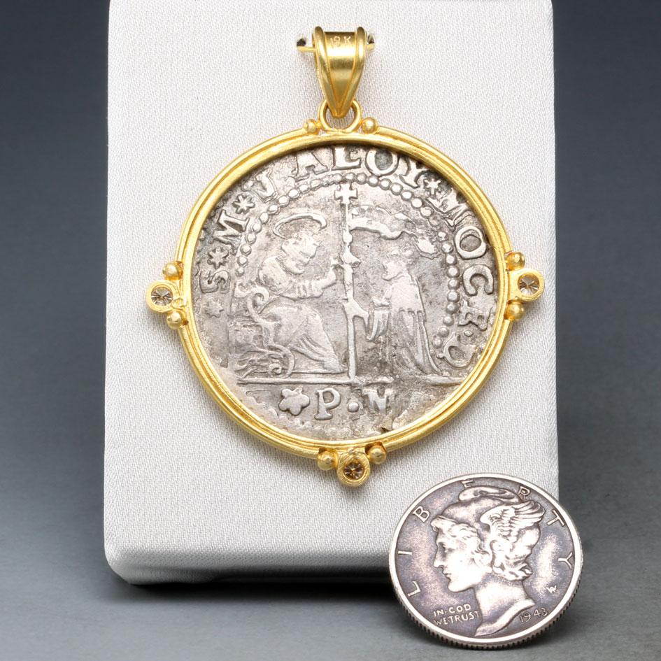 Contemporary 1600's Venice Silver Lion of St Marks Coin Diamonds 18K Gold Pendant  For Sale