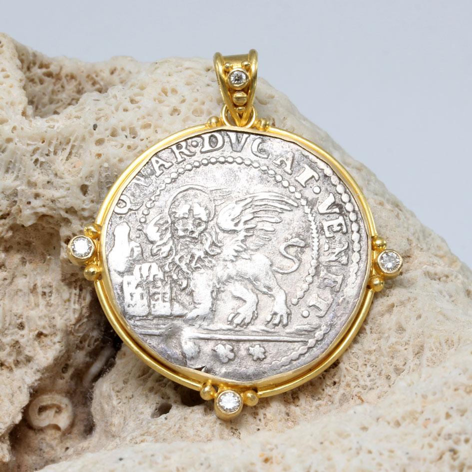 1600's Venice Silver Lion of St Marks Coin Diamonds 18K Gold Pendant  In New Condition For Sale In Soquel, CA