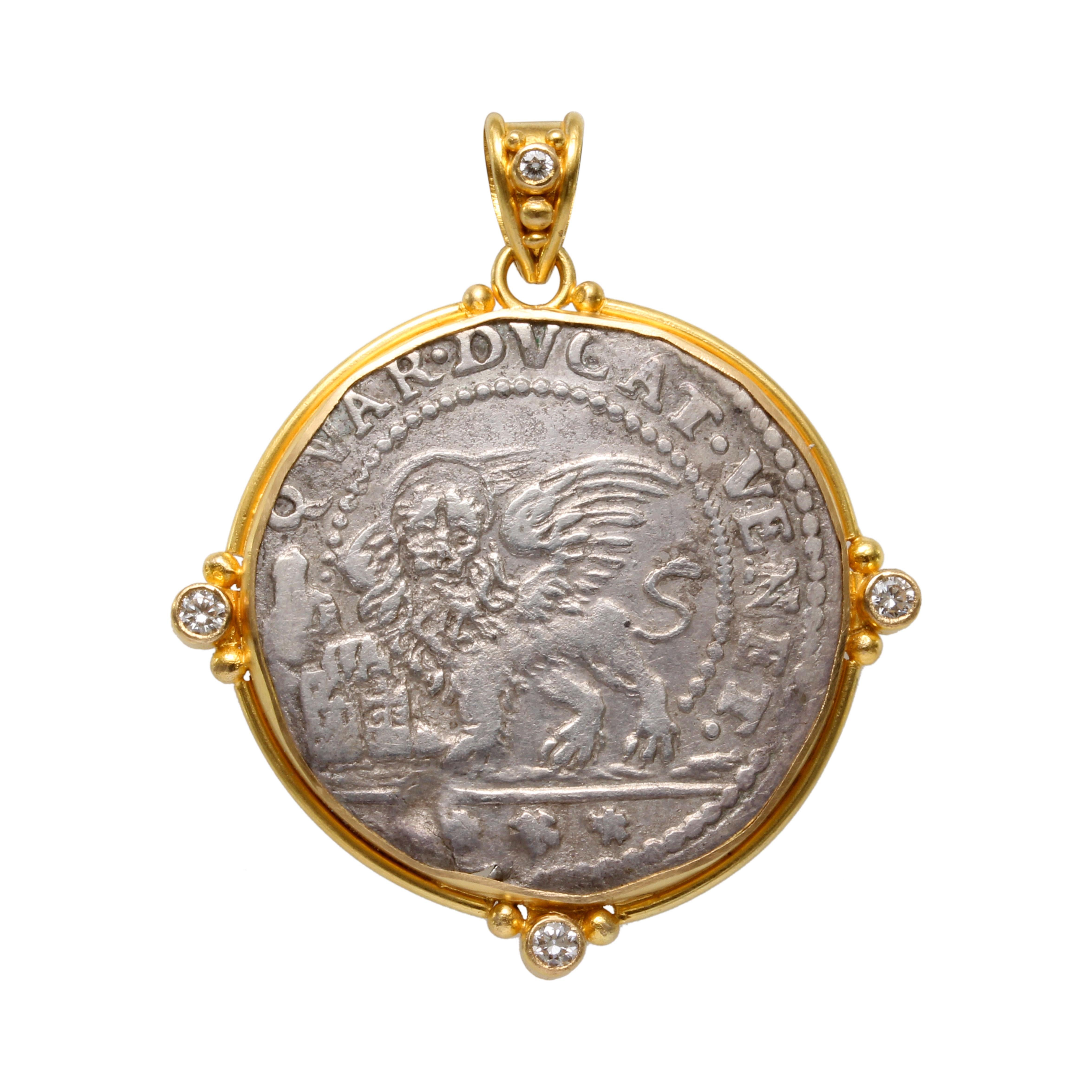 Women's or Men's 1600's Venice Silver Lion of St Marks Coin Diamonds 18K Gold Pendant  For Sale