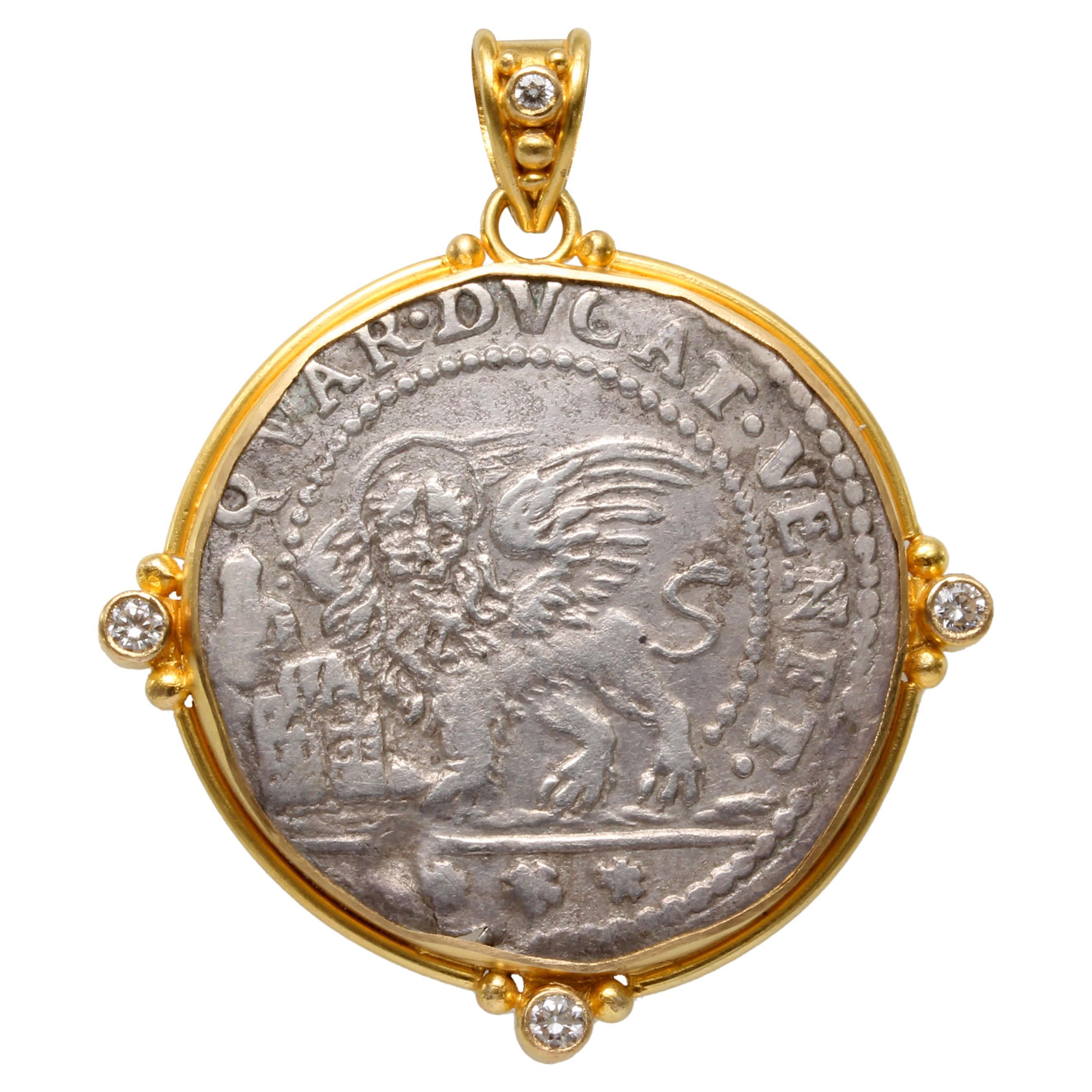 1600's Venice Silver Lion of St Marks Coin Diamonds 18K Gold Pendant  For Sale