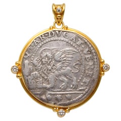 1600's Venice Silver Lion of St Marks Coin Diamonds 18K Gold Pendant 
