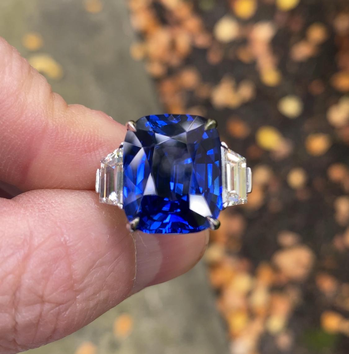 Women's 16.01 Carat Cushion Blue Sapphire and Diamond Platinum Ring For Sale