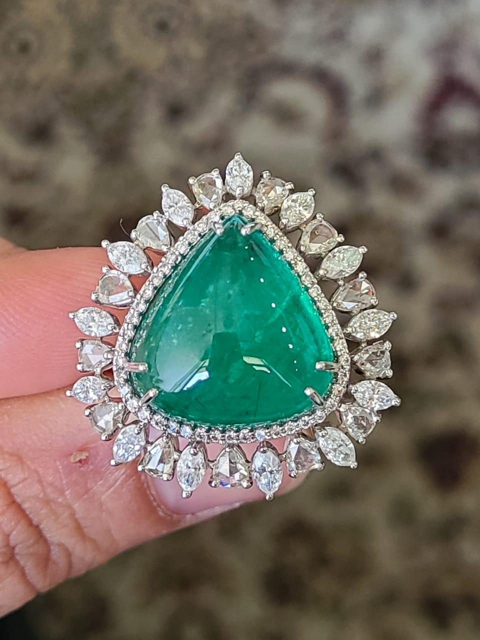 Rose Cut 16.01 Carat, Natural Zambian Emerald & Diamond Convertible Cocktail Ring/Pendant