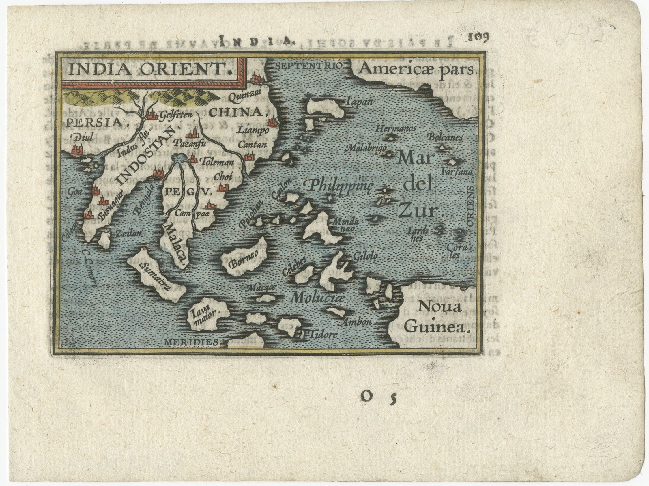 Cette carte miniature des Indes orientales et de la Nova Guinée a été réalisée par Abraham Ortelius et publiée en 1601 dans le cadre de l'