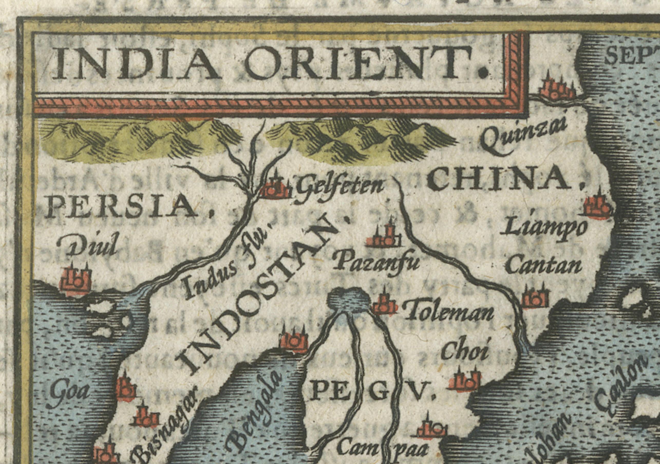 Gravé 1601 Carte miniature du Southeast Asia et de la Nova Guinea par Ortelius, édition Vrients en vente
