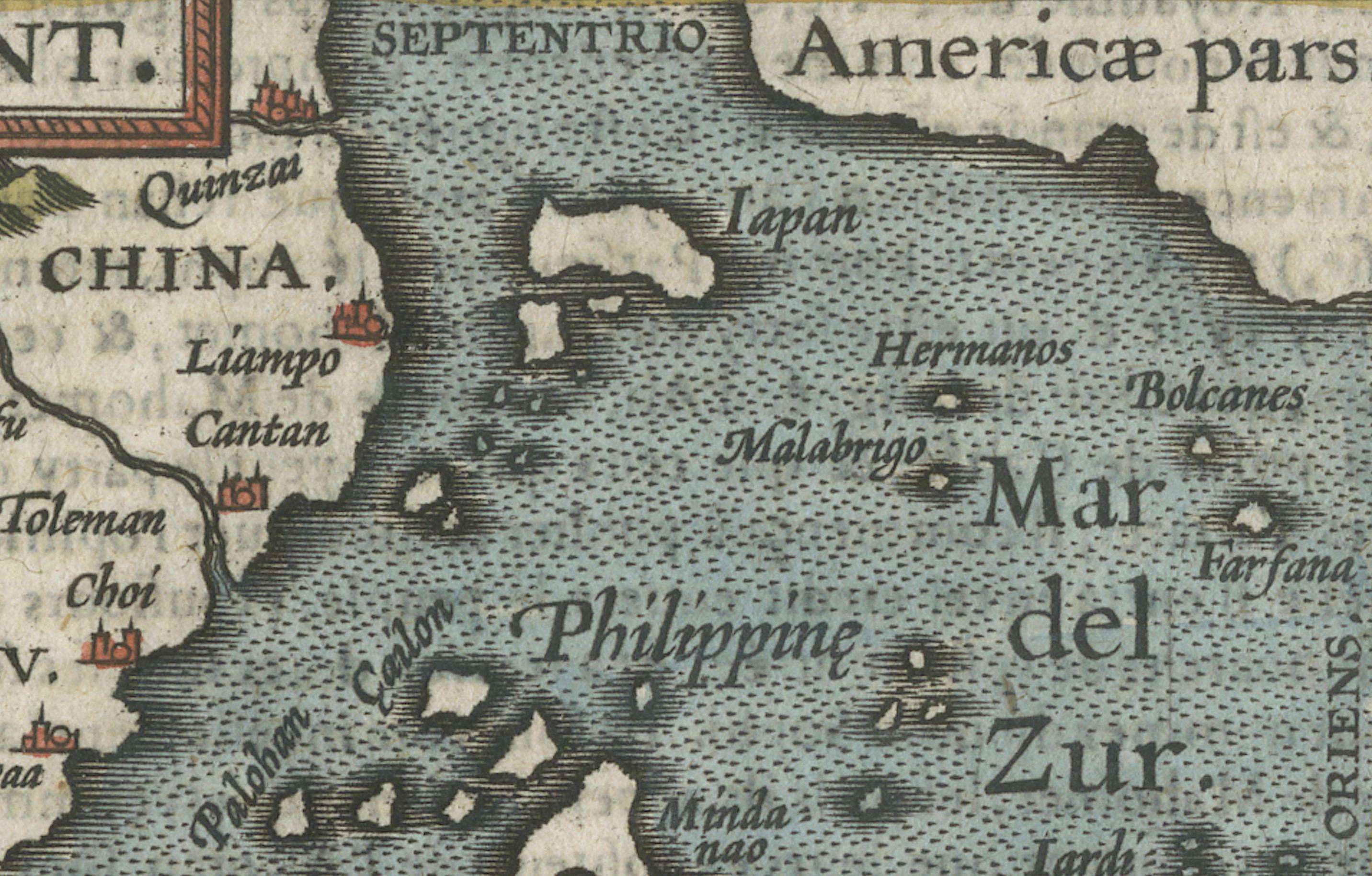 1601 Carte miniature du Southeast Asia et de la Nova Guinea par Ortelius, édition Vrients Bon état - En vente à Langweer, NL