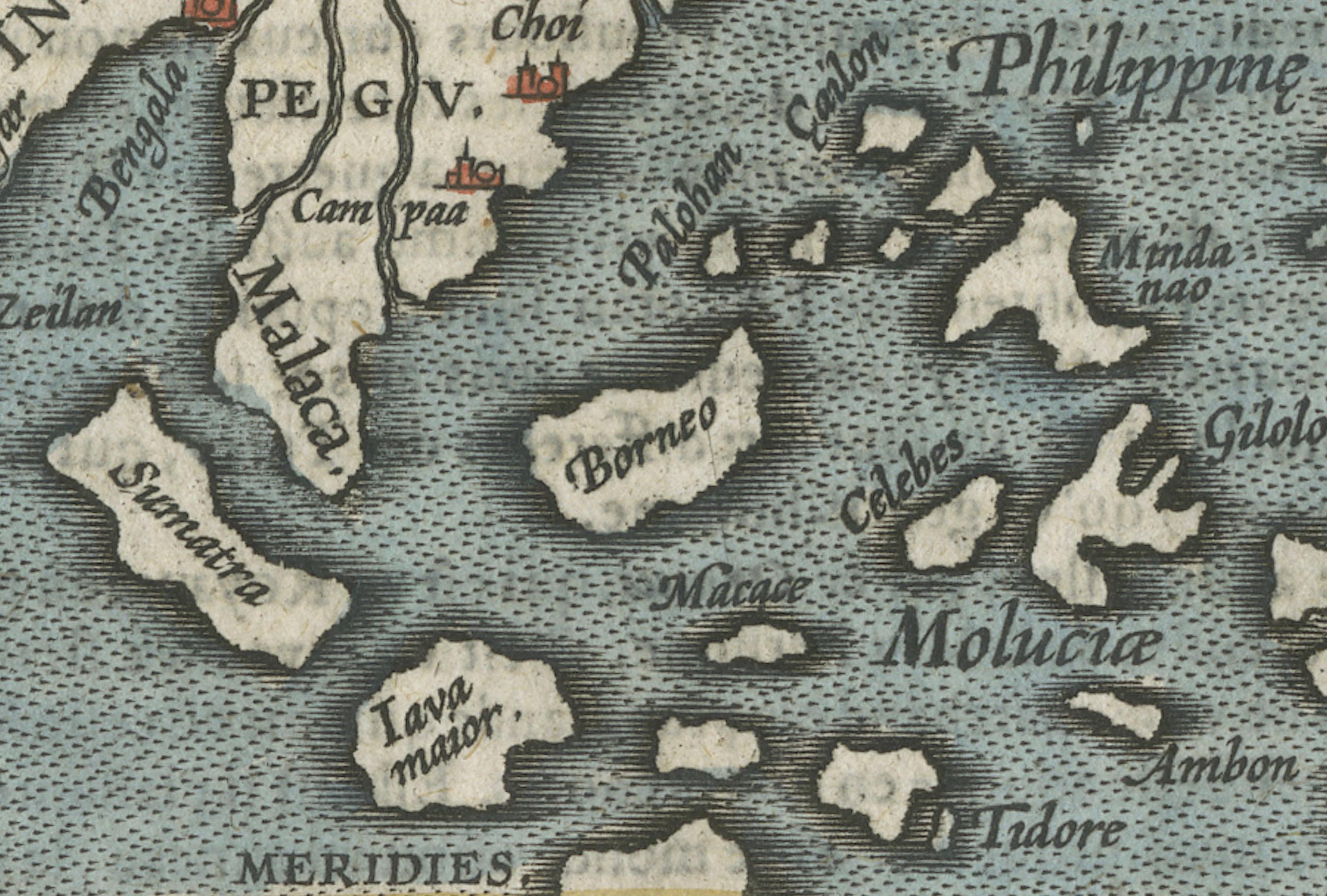 Début du XVIIe siècle 1601 Carte miniature du Southeast Asia et de la Nova Guinea par Ortelius, édition Vrients en vente