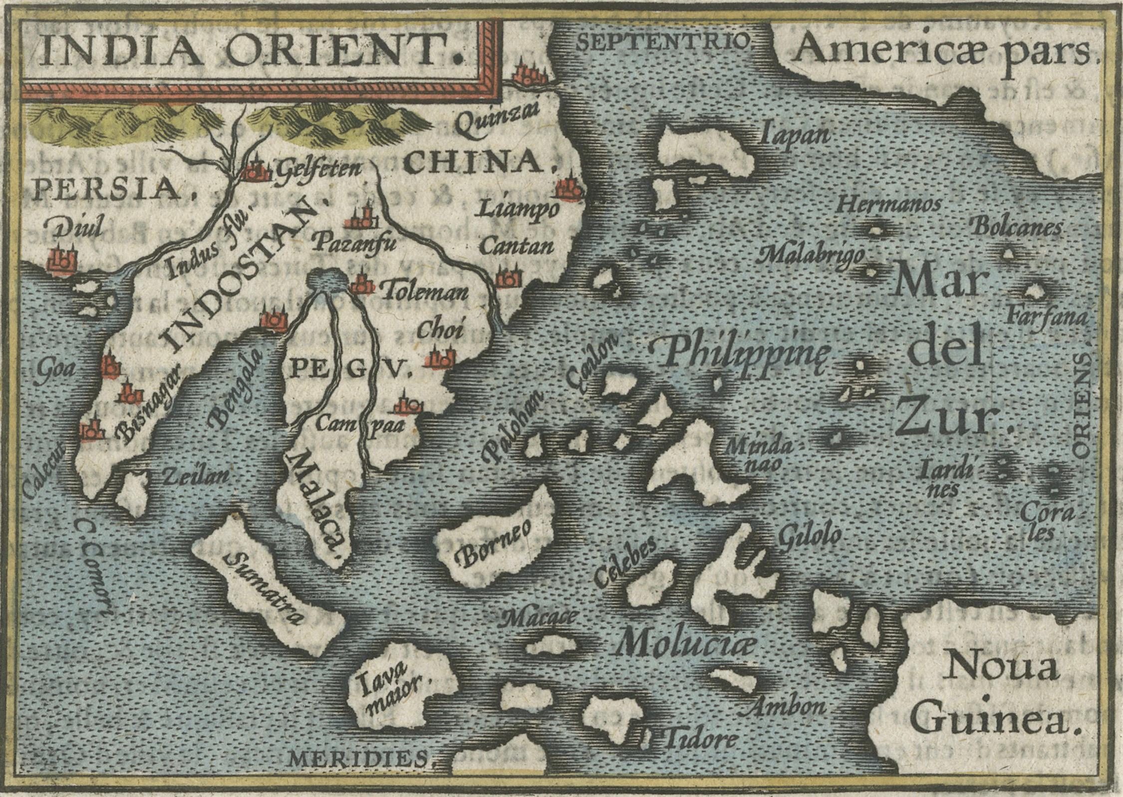 Papier 1601 Carte miniature du Southeast Asia et de la Nova Guinea par Ortelius, édition Vrients en vente