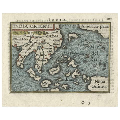 1601 Miniature Map of Southeast Asia & Nova Guinea by Ortelius, Vrients Edition