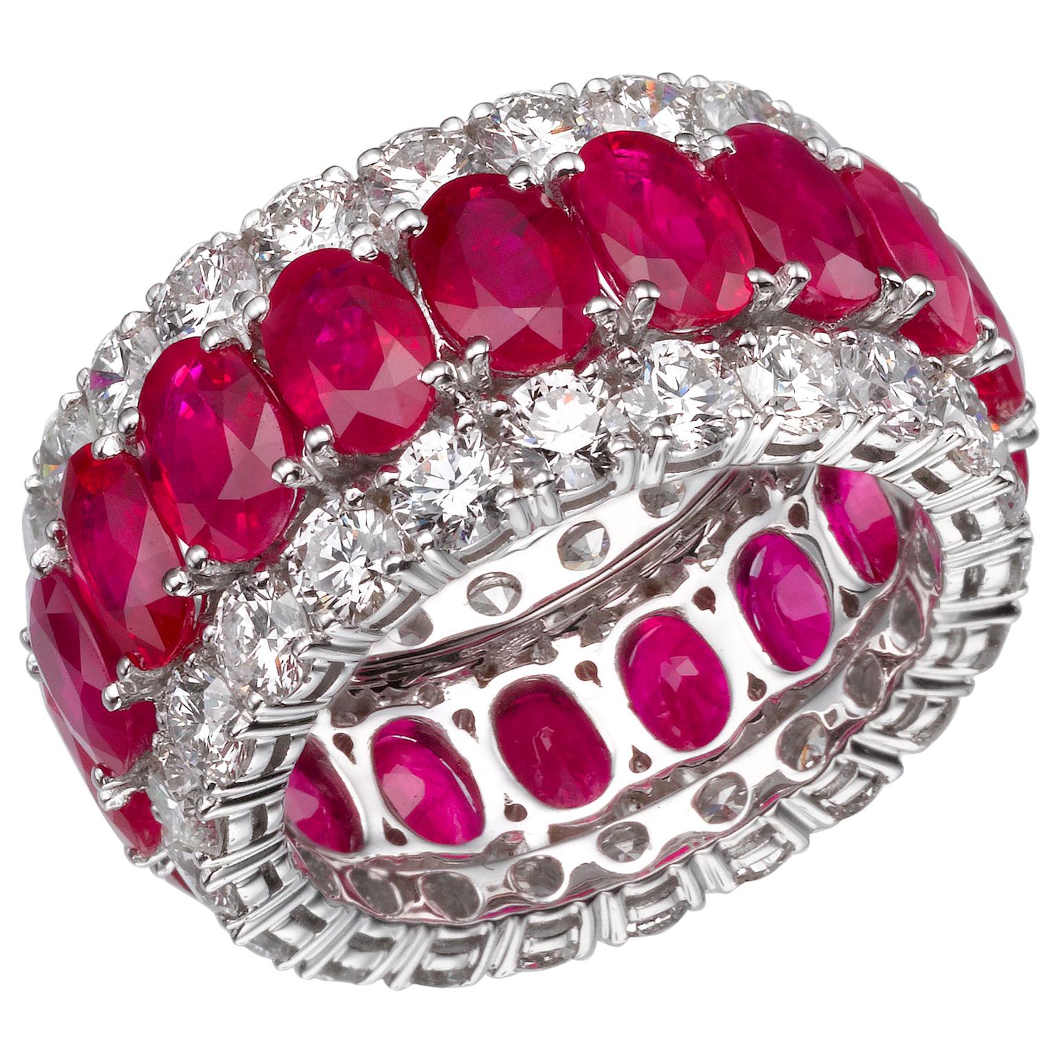 16.02 Carat Oval Ruby Diamond 18 Karat White Gold Eternity Band Ring