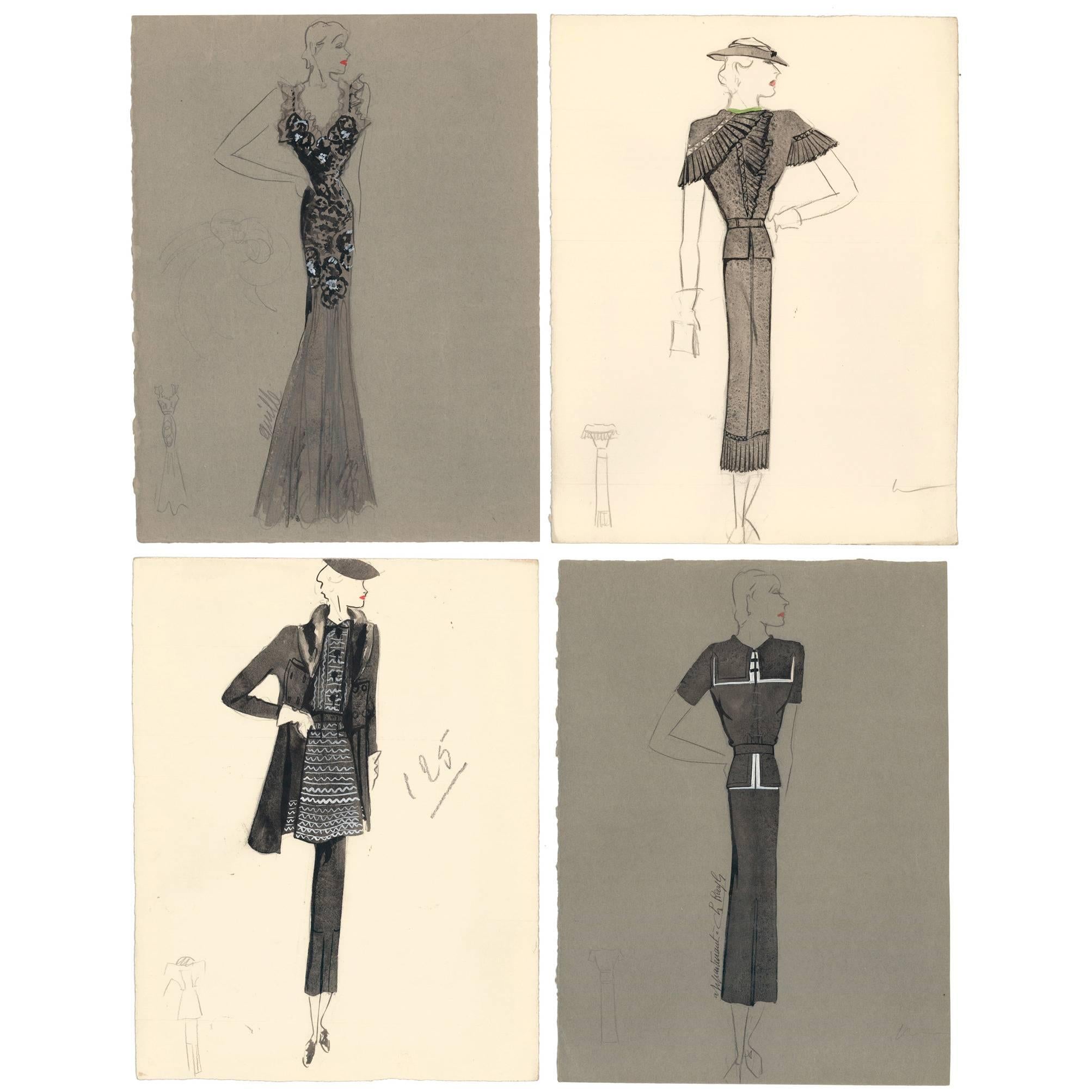 Four fashion illustrations by the French designer Charlotte Revyl. Formerly the director of House of Premet, in late 1930 Revyl opened her own Maison du Couture at 21, Rue du Faubourg Saint-Honoré in Paris. The drawings are done in graphite and