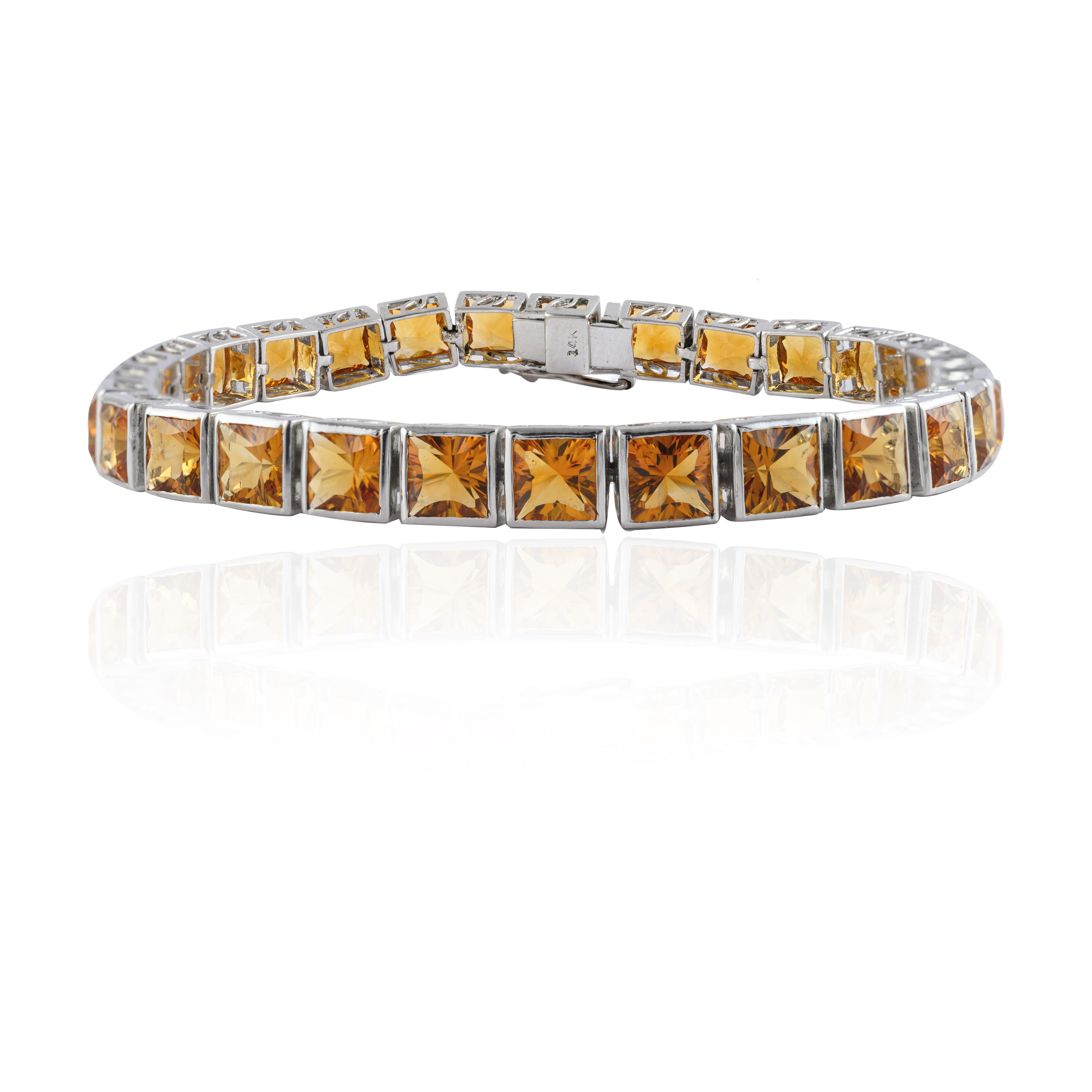 16.03 CTW Square Cut Citrine Tennis Bracelet Made in Solid 14k White Gold For Sale 1