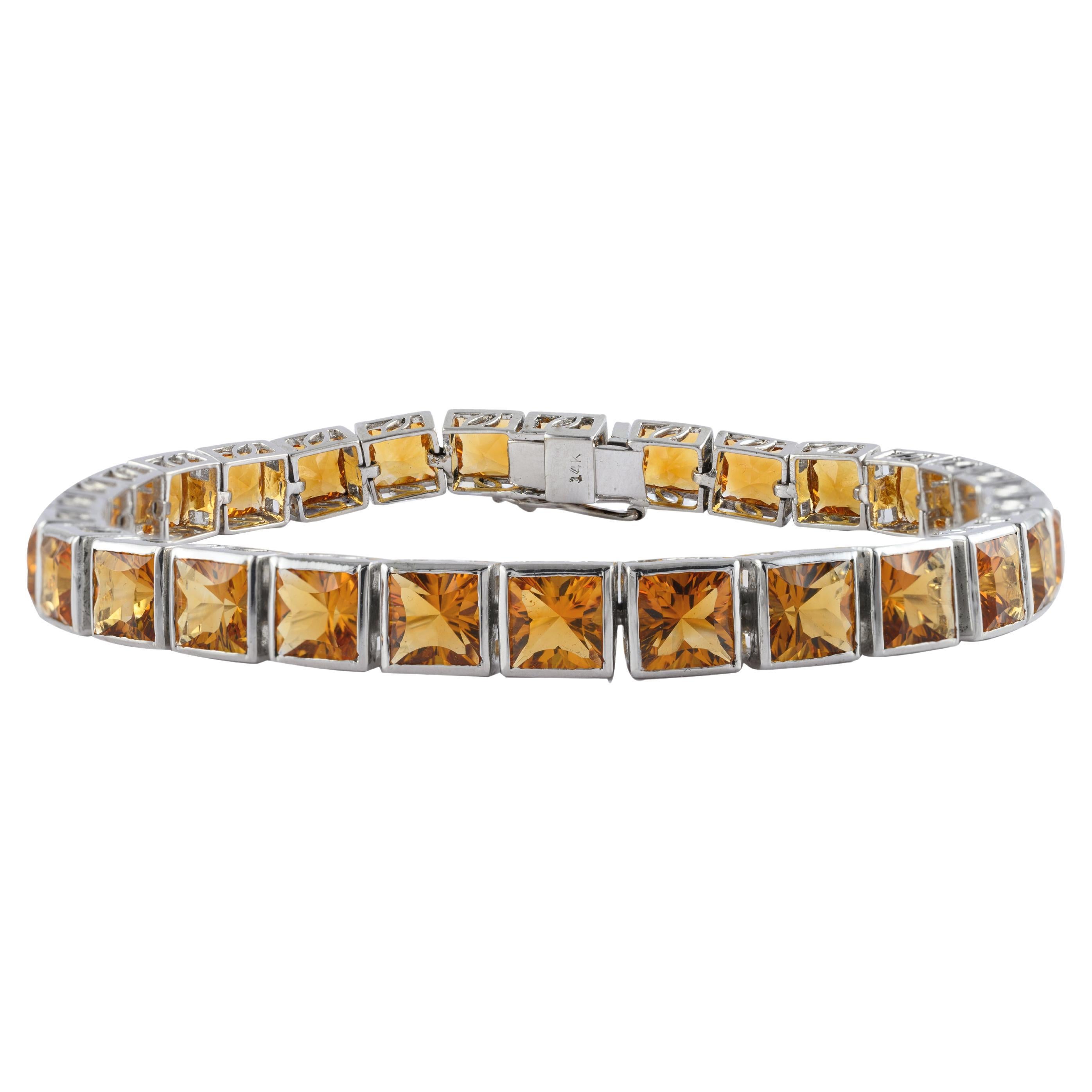 16,03 Karat Citrin-Tennisarmband aus massivem 14 Karat Weißgold mit quadratischem Schliff