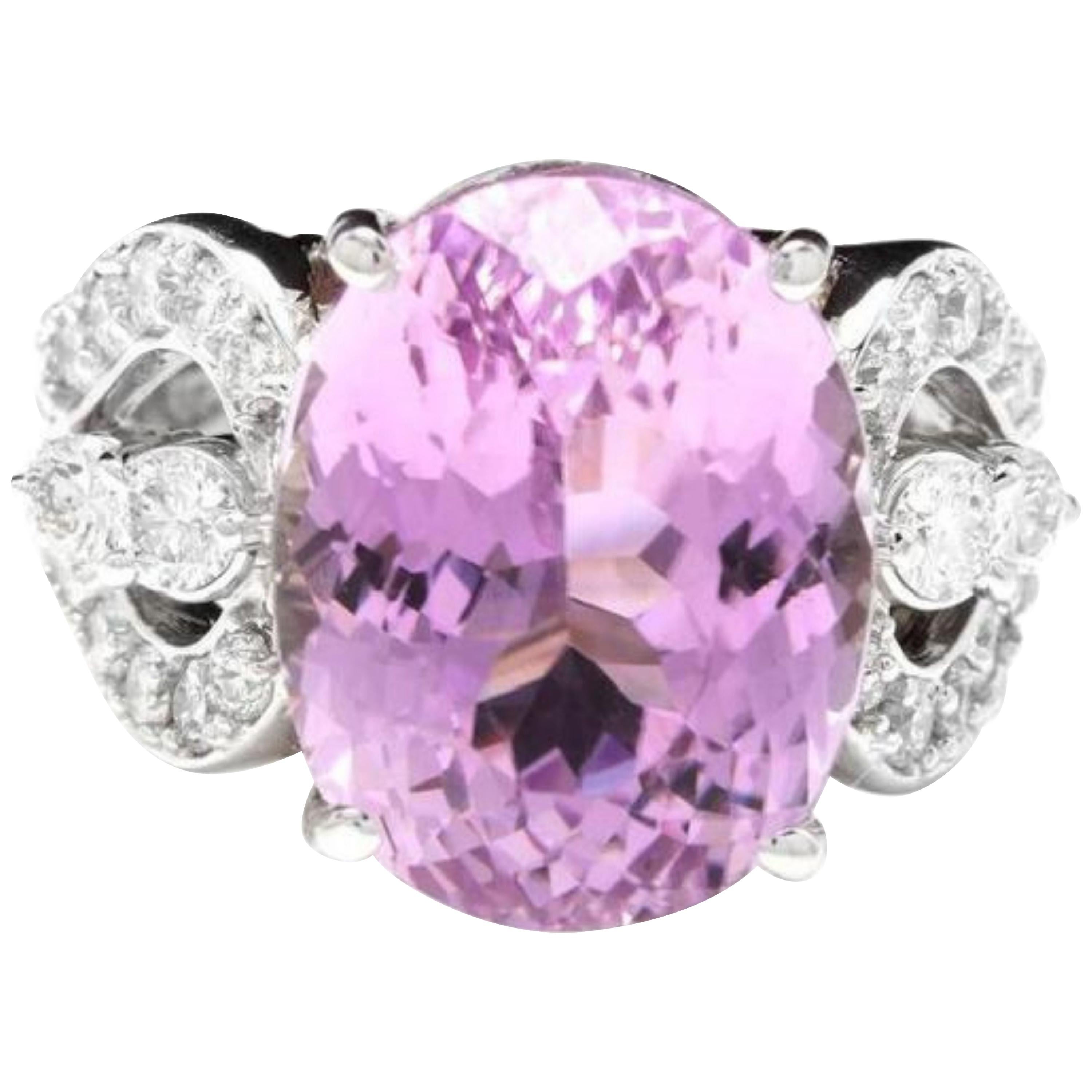 16.05 Carat Natural Kunzite and Diamond 14 Karat Solid White Gold Ring For Sale